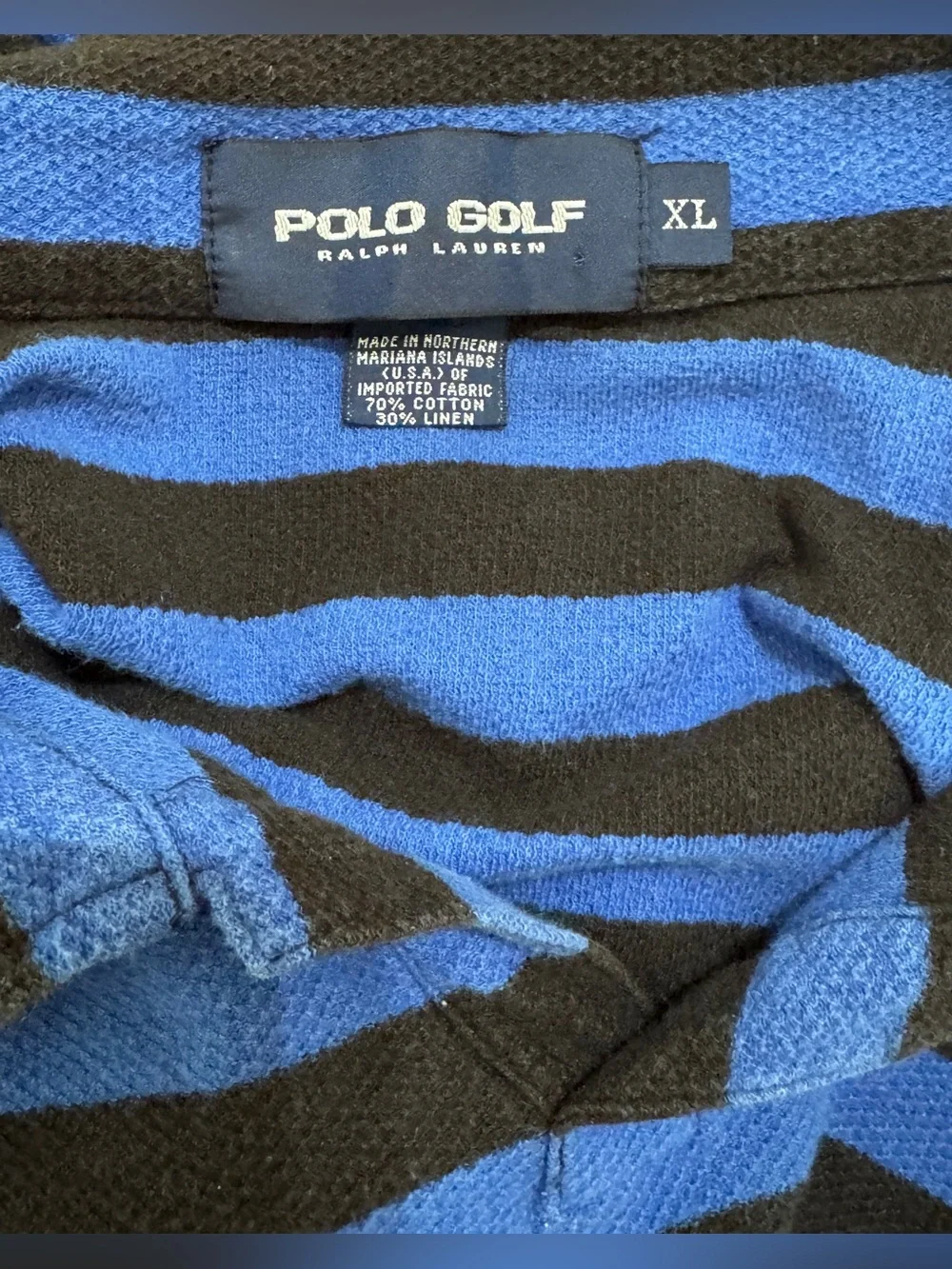 VTG Polo Golf Ralph Lauren Blue Black Striped Knit Polo Shirt Cotton Linen XL‎